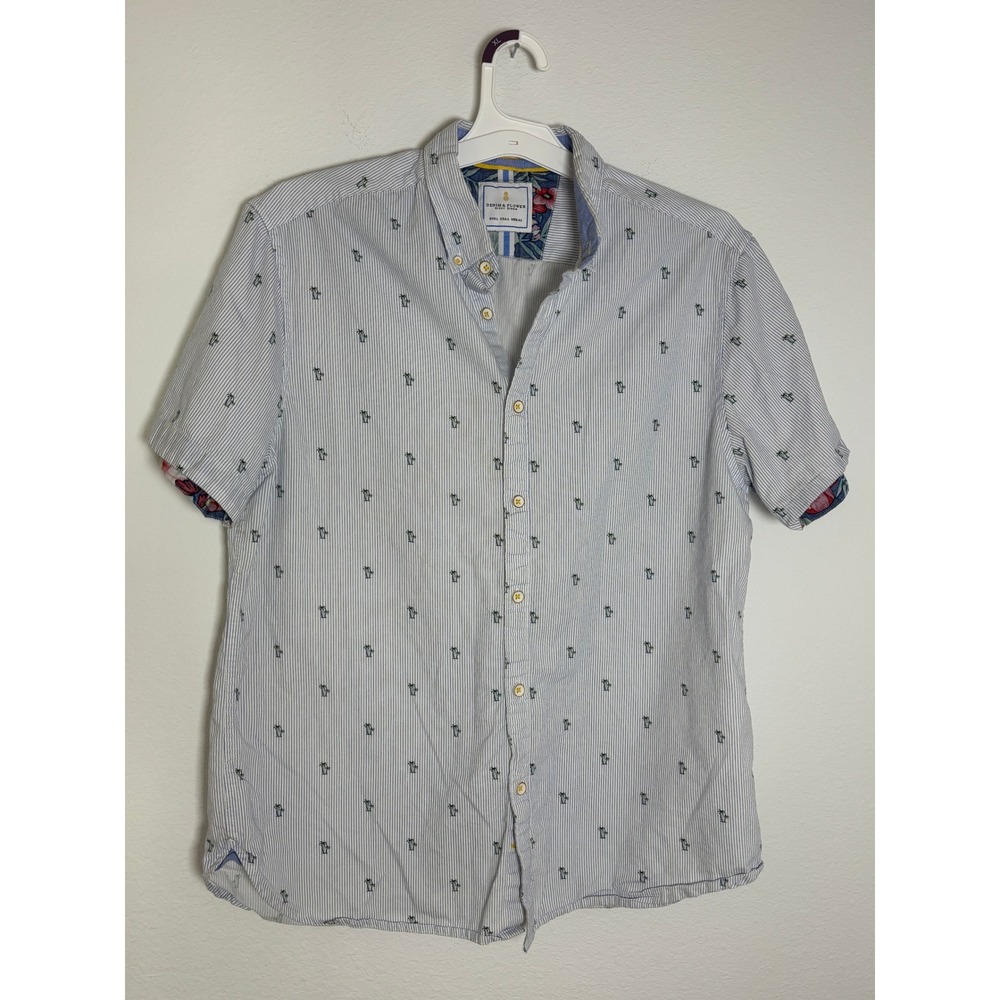 Denim & Flower Ricky Singh Mens Large Blue‎ White Striped Penguin Shirt S/S Slim